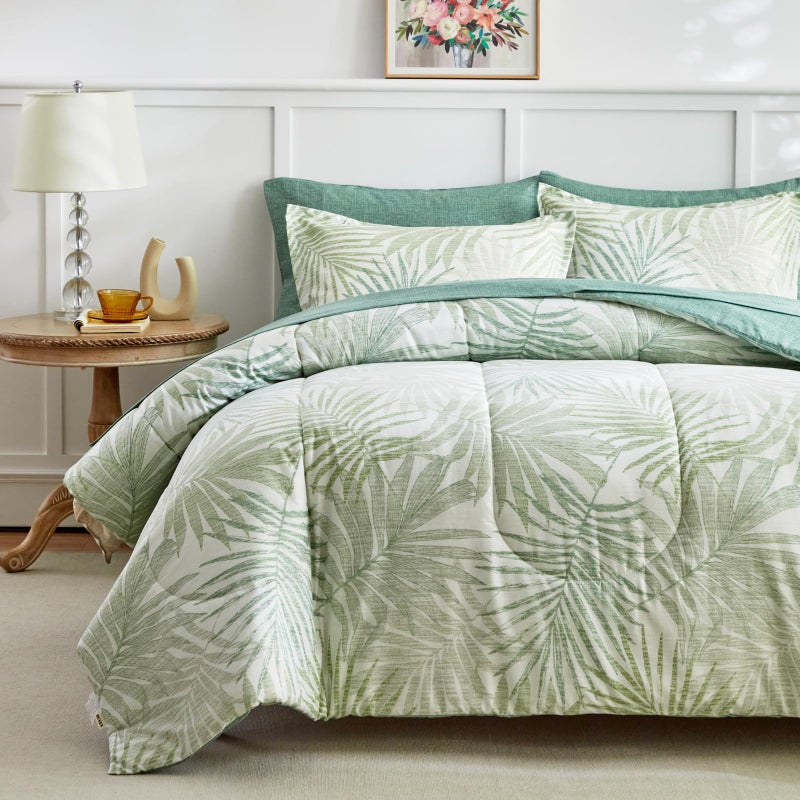 AIKASY Blue Green Queen Comforter Set with Sheets,Bed in a Bag 7-Pieces,Palm Tree Totem Printing Design,Ultra Soft Down Alternative All Season Bedding Set(Queen, Blue Green) - Image 1