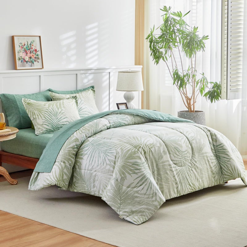 AIKASY Blue Green Queen Comforter Set with Sheets,Bed in a Bag 7-Pieces,Palm Tree Totem Printing Design,Ultra Soft Down Alternative All Season Bedding Set(Queen, Blue Green) - Image 2