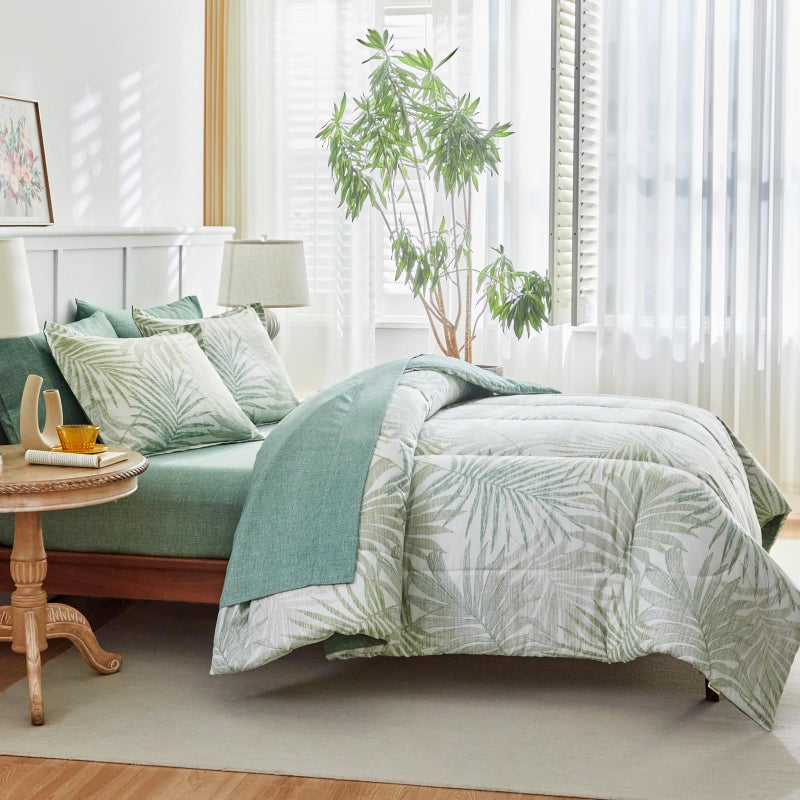 AIKASY Blue Green Queen Comforter Set with Sheets,Bed in a Bag 7-Pieces,Palm Tree Totem Printing Design,Ultra Soft Down Alternative All Season Bedding Set(Queen, Blue Green) - Image 3