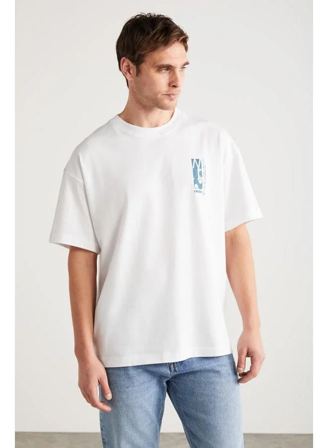 GRIMELANGE Antonio Men's Printed Detailed %100 Organic Cotton Knit Oversize White T-shirt.