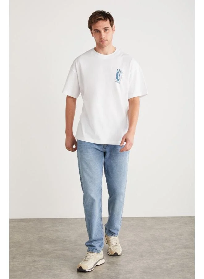 GRIMELANGE Antonio Men's Printed Detailed %100 Organic Cotton Knit Oversize White T-shirt.