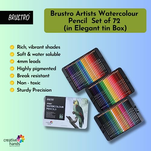 BRUSTRO Artists Watercolour Pencils | Set of 72 Colors in Elegant tin Box |4mm Leads, Non-toxic, Break-resistant, Bold Strokes, Suitable for Blending, Layering - Image 2