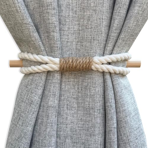 warmtone Curtain Tiebacks Rustic Holdbacks for Drapes, Farmhouse Tie Backs for Curtains, Cotton Jute Rope with Wood Club, Natural Boho Decor Shabby Chic Drapery Holder, Pack-2 - Image 1