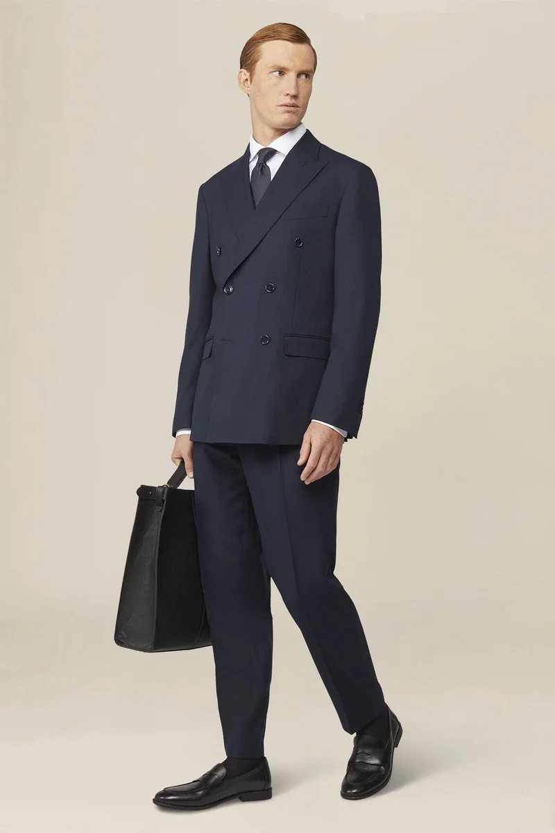 دوبل غانغر Men's double-breasted suit in plain fabric, regular fit - Blue