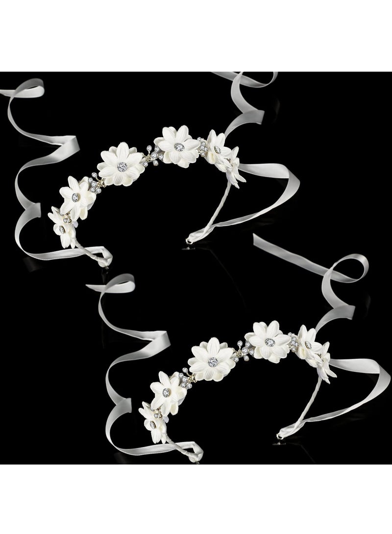 SYOSI Headband White Flower Bridal Headpieces for Wedding Headband Bride Hair Ribbon and Rhinestones Flower Girl Hair Accessories - Image 1