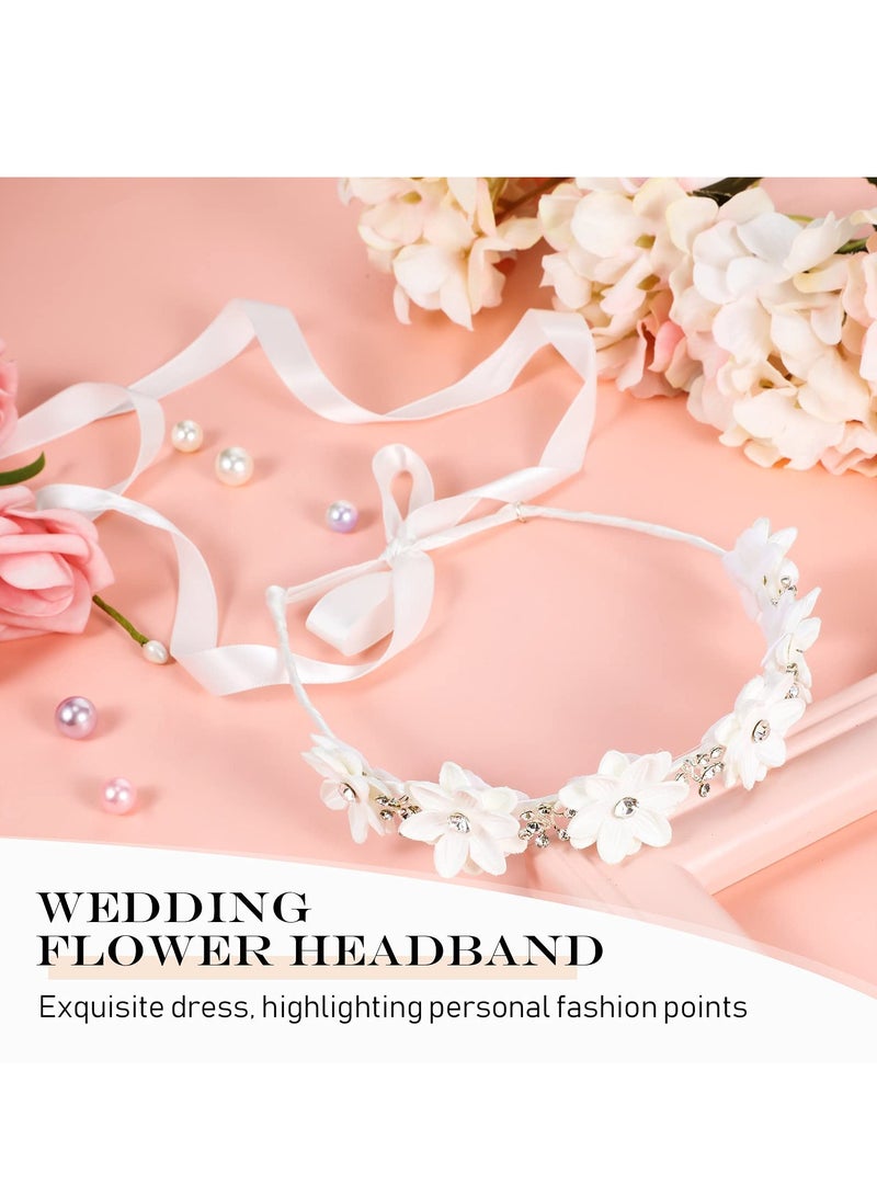 SYOSI Headband White Flower Bridal Headpieces for Wedding Headband Bride Hair Ribbon and Rhinestones Flower Girl Hair Accessories - Image 3
