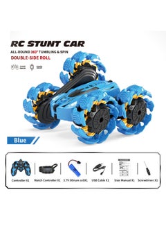 Explosion Wheel Off-road Double-sided Remote Control Car Gesture Induction Electric Rollover Stunt Drift Boy Toy Racing-Color:Explosive Wheel-blue [handle Remote Control + Watch Remote Control] English Box-Scale:Single Set Of Batteries