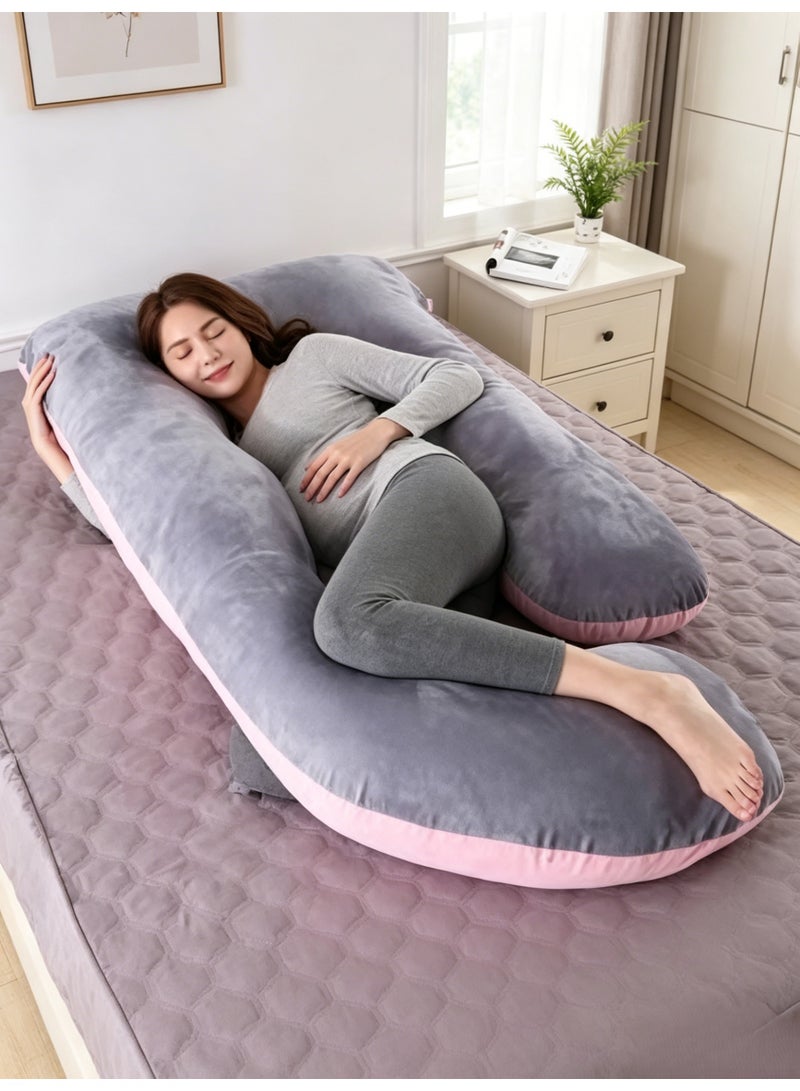 Hicomony Pregnancy Pillow for sleeping, Grey U-Shaped Full Body Pillow and Maternity Support with Replaceable and Washable Velvet Cover (PinkGrey) - Image 4
