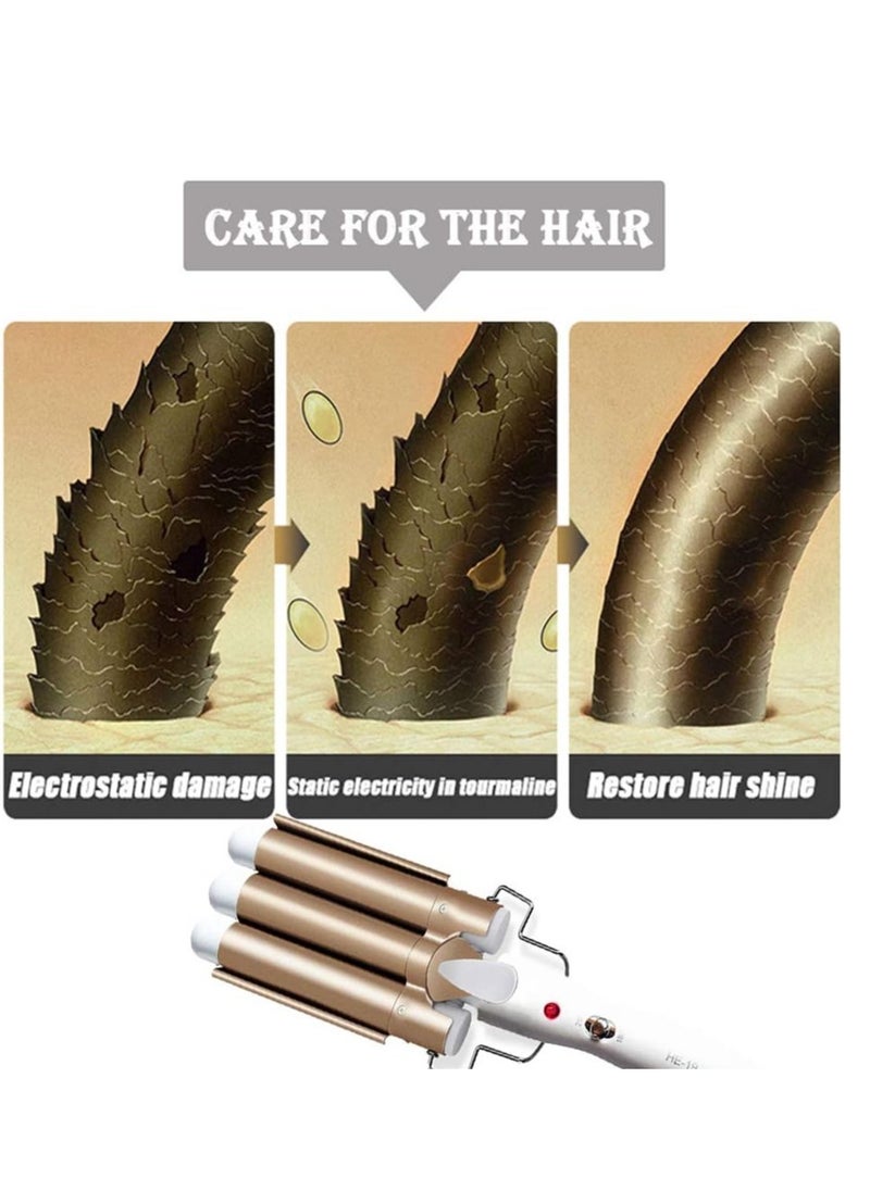 ELTRAZONE Roll over image to zoom in Three Barrel Hair Waver 25MM Big Wave Hair Curling Iron Wand with Two Speed Temperature Control, Ceramic Tourmaline Triple Barrels, Dual Voltage Crimp, Gold  - Image 4
