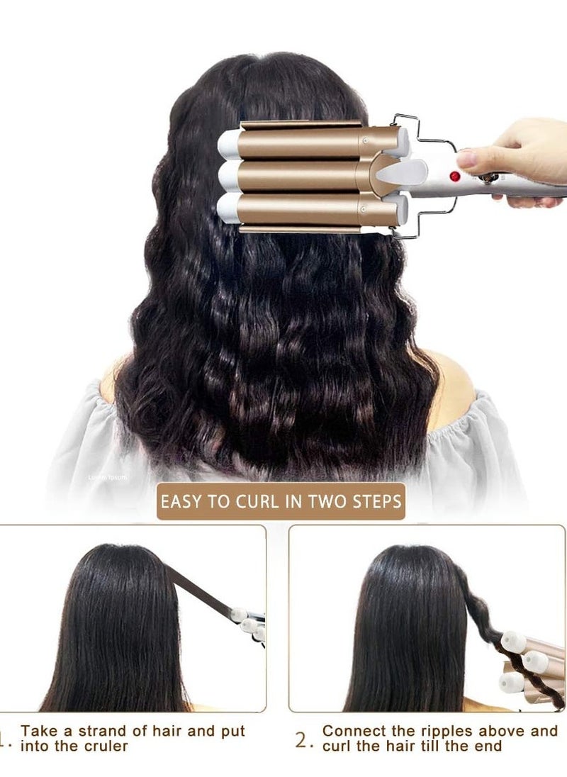 ELTRAZONE Roll over image to zoom in Three Barrel Hair Waver 25MM Big Wave Hair Curling Iron Wand with Two Speed Temperature Control, Ceramic Tourmaline Triple Barrels, Dual Voltage Crimp, Gold  - Image 2