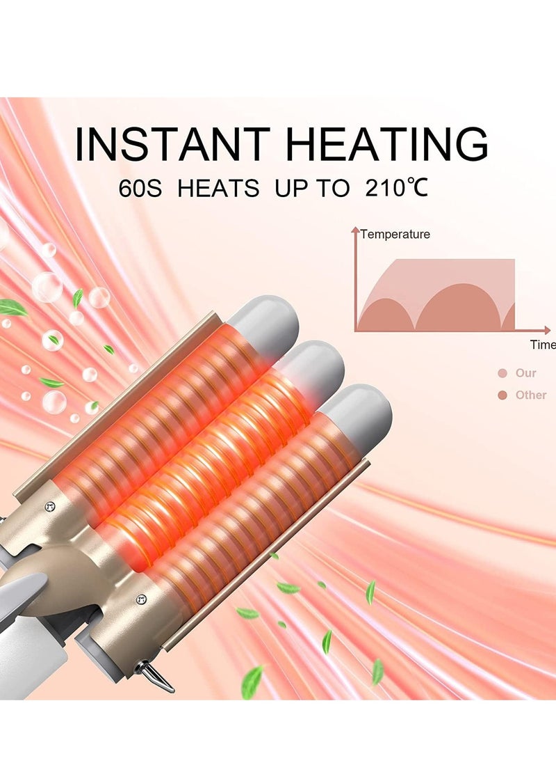 ELTRAZONE Roll over image to zoom in Three Barrel Hair Waver 25MM Big Wave Hair Curling Iron Wand with Two Speed Temperature Control, Ceramic Tourmaline Triple Barrels, Dual Voltage Crimp, Gold  - Image 3