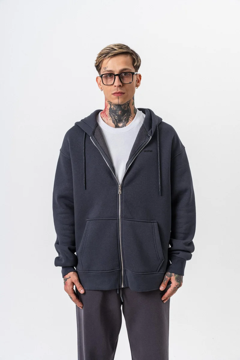 RESPIRE Men's Respire Letter Detail Basic Zip Hooded Oversize Hoodie Smoke Grey (Füme)