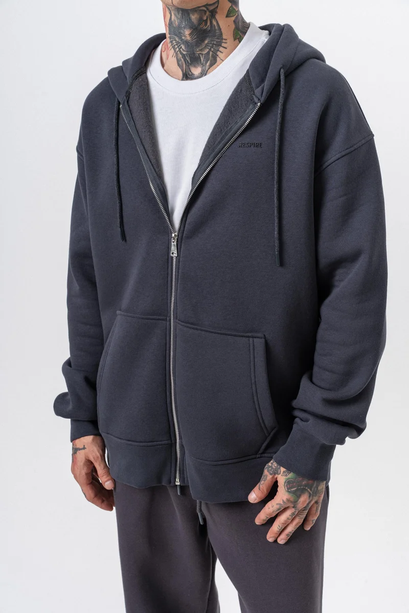 RESPIRE Men's Respire Letter Detail Basic Zip Hooded Oversize Hoodie Smoke Grey (Füme)