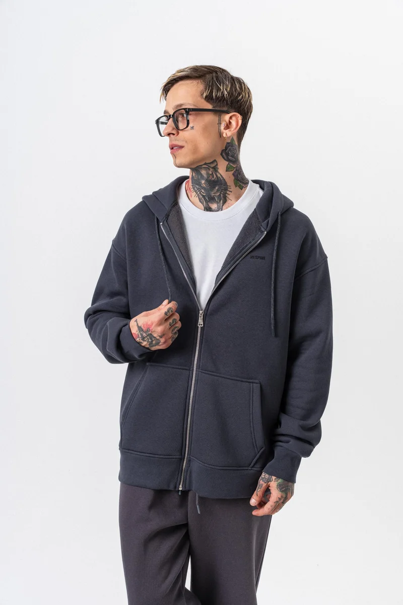 RESPIRE Men's Respire Letter Detail Basic Zip Hooded Oversize Hoodie Smoke Grey (Füme)