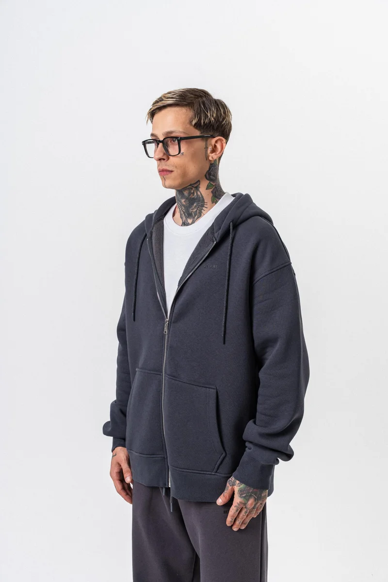 RESPIRE Men's Respire Letter Detail Basic Zip Hooded Oversize Hoodie Smoke Grey (Füme)