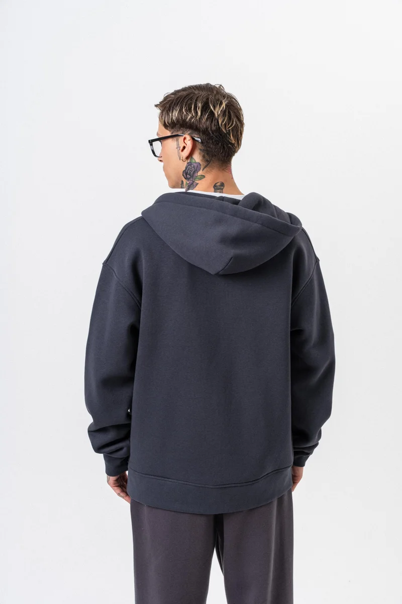 RESPIRE Men's Respire Letter Detail Basic Zip Hooded Oversize Hoodie Smoke Grey (Füme)