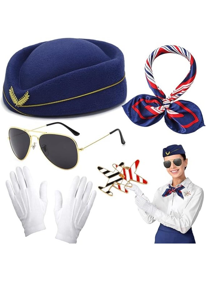 JOUDIYA 5Pcs Airline Stewardess Costume Accessories Set, Flight Attendant Fancy Dress Kit with Stewardess Hat Scarves Brooch Sunglasses Gloves Cosplay Outfit for Adults Girls Cosplay Dress up Party - Image 1