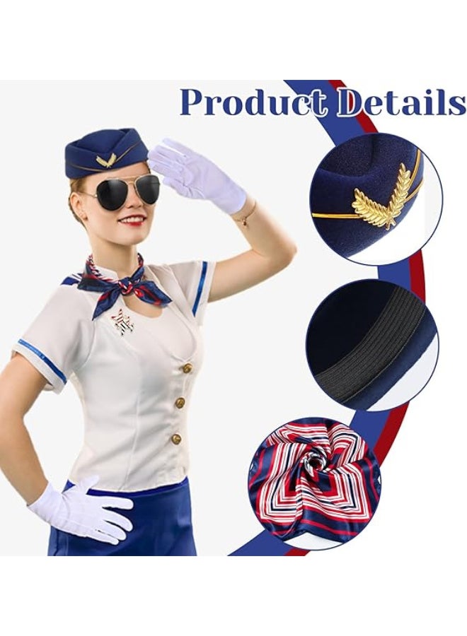 JOUDIYA 5Pcs Airline Stewardess Costume Accessories Set, Flight Attendant Fancy Dress Kit with Stewardess Hat Scarves Brooch Sunglasses Gloves Cosplay Outfit for Adults Girls Cosplay Dress up Party - Image 2