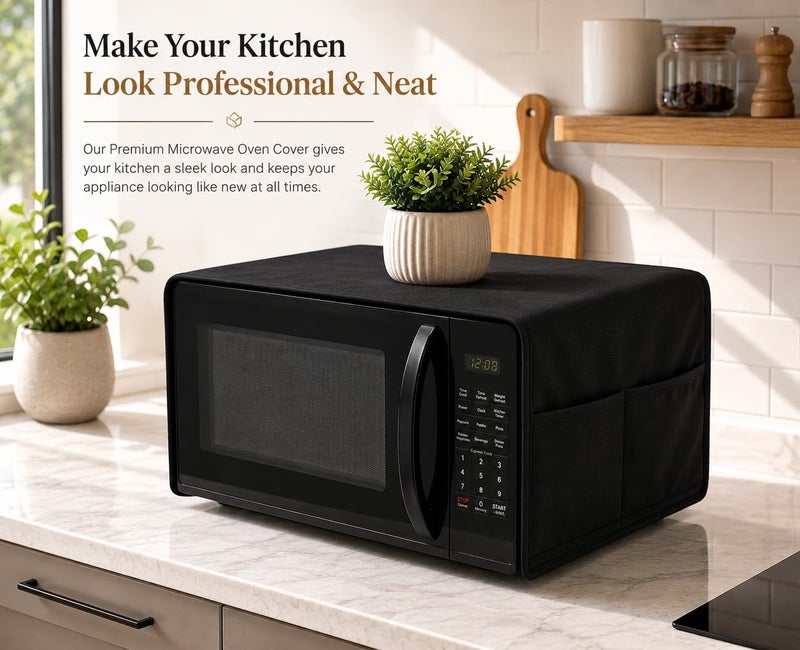QUNNIX Microwave Oven Cover & Oven Top Cover | Waterproof, Dustproof, Modern Design & Kitchen Decor with 4 Side Storage Pockets For Kitchen Accessories | Durable Fabric, (100 x 35 cm) Black - Image 2