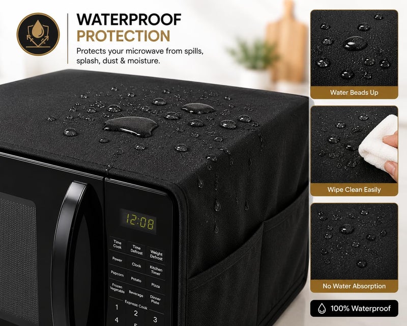 QUNNIX Microwave Oven Cover & Oven Top Cover | Waterproof, Dustproof, Modern Design & Kitchen Decor with 4 Side Storage Pockets For Kitchen Accessories | Durable Fabric, (100 x 35 cm) Black - Image 5