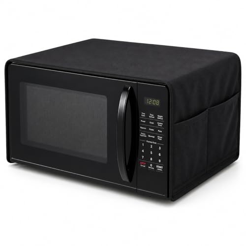 QUNNIX Microwave Oven Cover & Oven Top Cover | Waterproof, Dustproof, Modern Design & Kitchen Decor with 4 Side Storage Pockets For Kitchen Accessories | Durable Fabric, (100 x 35 cm) Black - Image 1