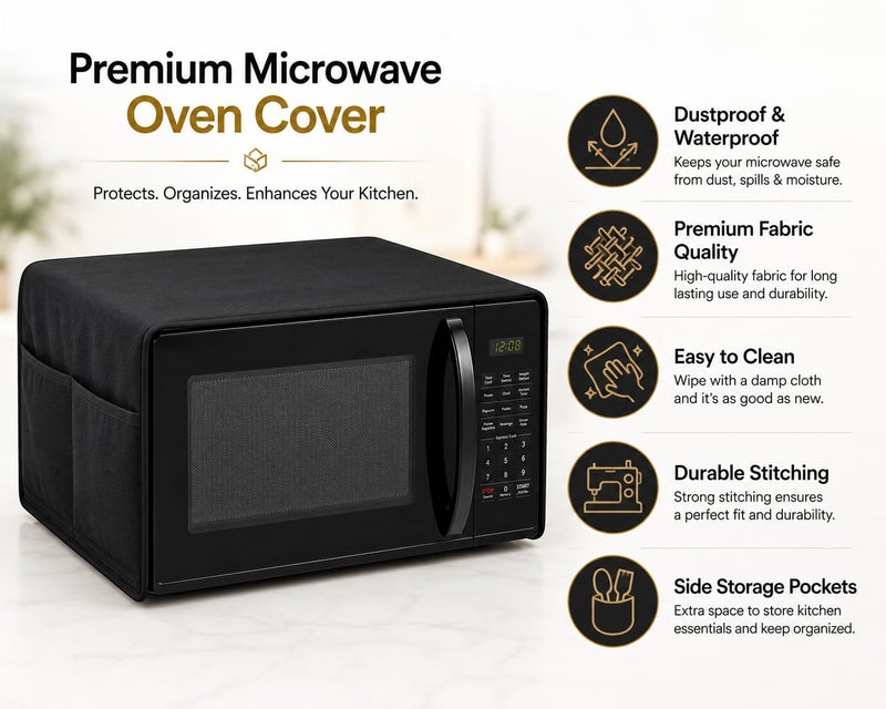 QUNNIX Microwave Oven Cover & Oven Top Cover | Waterproof, Dustproof, Modern Design & Kitchen Decor with 4 Side Storage Pockets For Kitchen Accessories | Durable Fabric, (100 x 35 cm) Black - Image 4