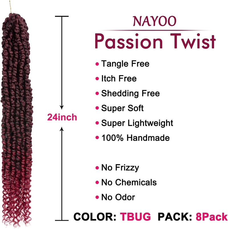 NAYOO Passion Twist Hair - 8 Packs 24 Inch Passion Twist Crochet Hair For Black Women, Crochet Pretwisted Curly Hair Passion Twists Synthetic Braiding Hair Extensions (24 Inch 8 Packs, TBUG) - Image 2