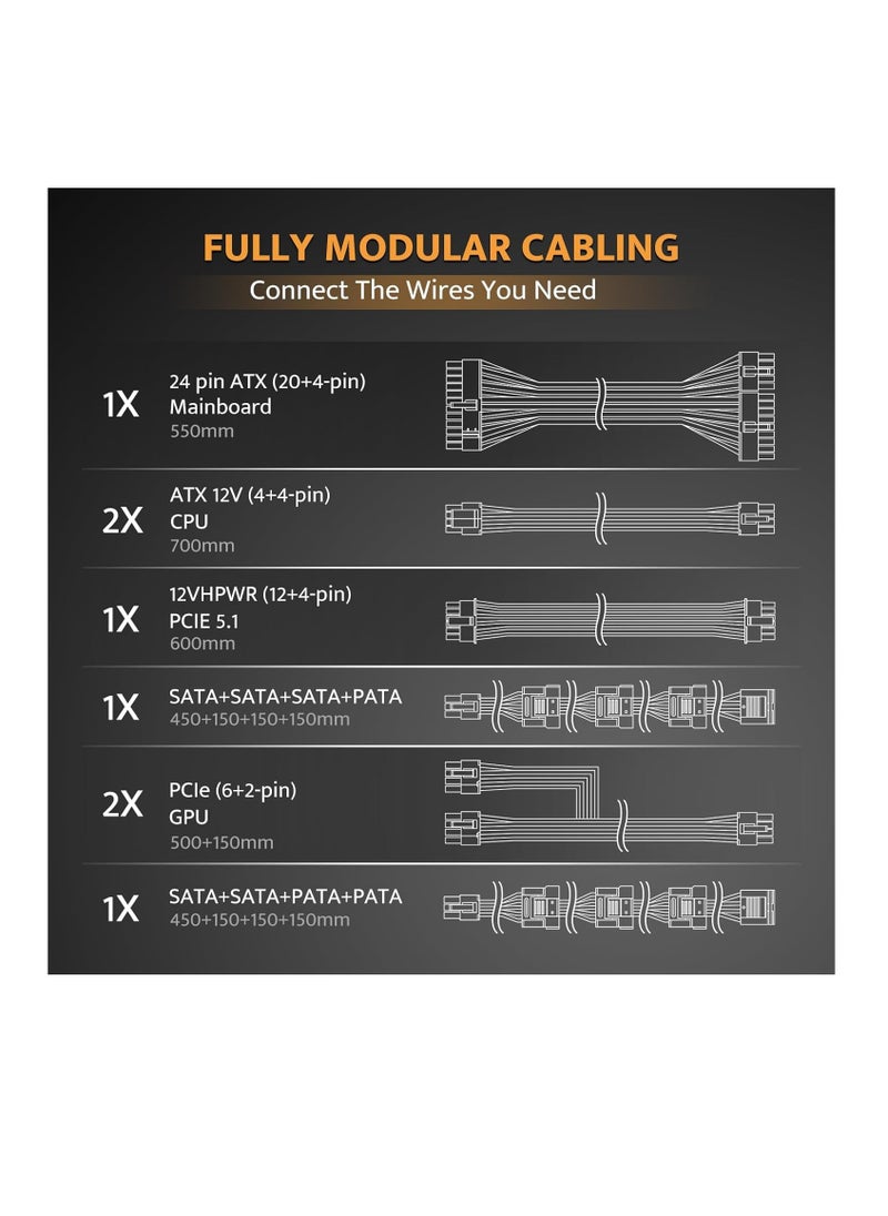دارك فلاش - Darkflash PMT850 ATX12V 3.1 850W مصدر طاقة وحدات كامل، شهادة 80 Plus Gold، PCIe 5.0 جاهز، مروحة تبريد صامتة 12 سم، 4 * موصلات SATA، موصل 12VHPWR PCIe 5.1، 2 * PCIe 6+2 موصل PSU - Image 1