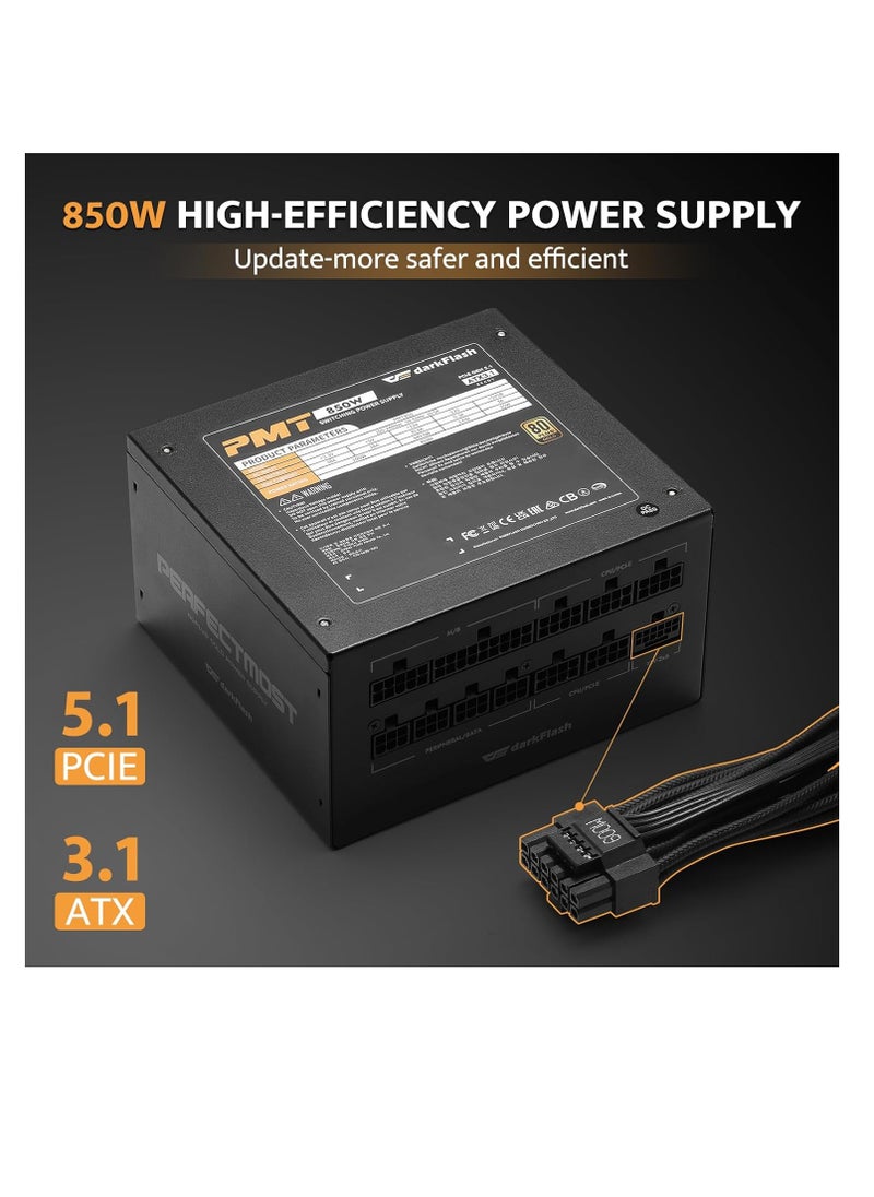 دارك فلاش - Darkflash PMT850 ATX12V 3.1 850W مصدر طاقة وحدات كامل، شهادة 80 Plus Gold، PCIe 5.0 جاهز، مروحة تبريد صامتة 12 سم، 4 * موصلات SATA، موصل 12VHPWR PCIe 5.1، 2 * PCIe 6+2 موصل PSU - Image 1