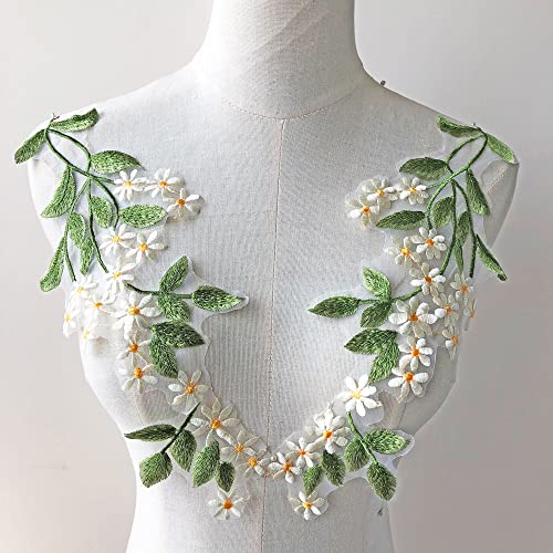 Gelvs 2 Mirror Pairs Green Leaves Floral Lace Applique Forest Vine Motif Trims Embroidery Wood Patches (Ivory Floral) - Image 2