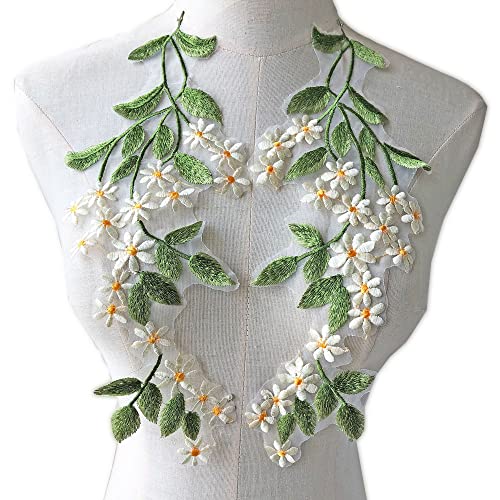 Gelvs 2 Mirror Pairs Green Leaves Floral Lace Applique Forest Vine Motif Trims Embroidery Wood Patches (Ivory Floral) - Image 4
