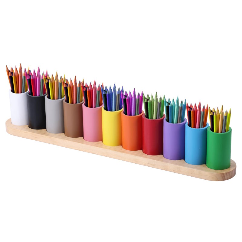 Diegimr Wooden Colored Pencil Holder, Montessori Crayon Organizer 11 Movable Compartments Pen Cups Holder Creative Crayon Storage Organizer Marker Holder for Kids Desk Office Home School Supply - Image 1