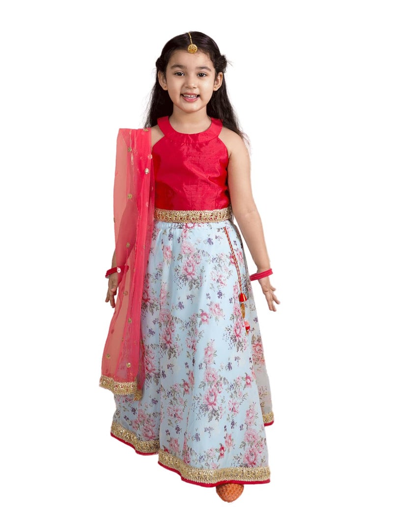 Pspeaches Girls Polyester Red Blue Floral Readymade Lehenga Choli Set (Red-8-10Y), 8-10 Years - Image 1