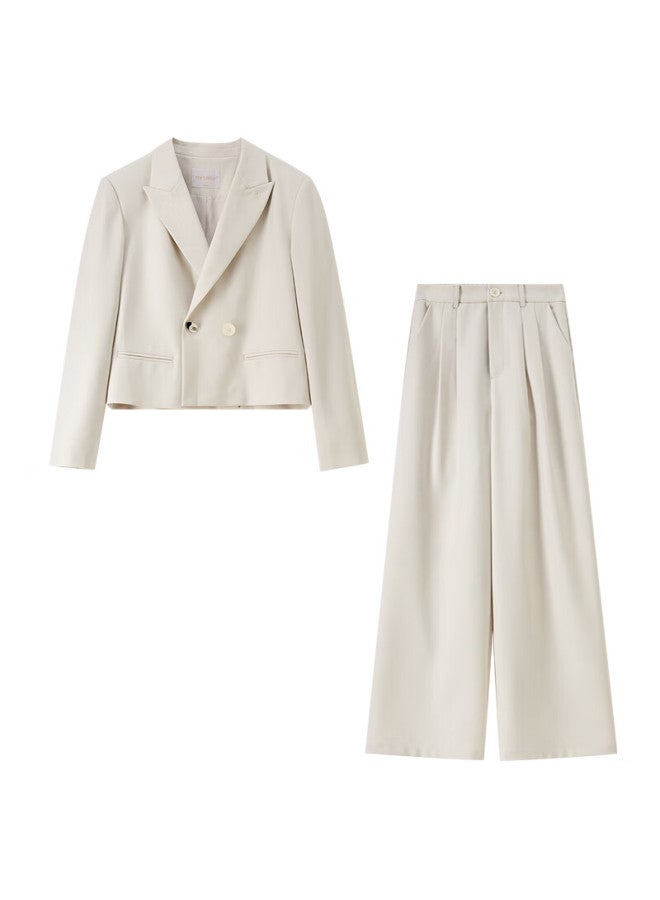Sentubila Suit Set Commuter Padded Shoulder Short Blazer & Elastic Waist Wide-leg Trousers - Image 4