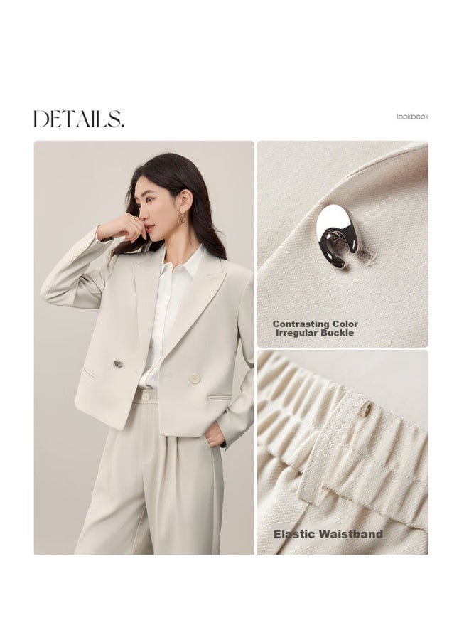 Sentubila Suit Set Commuter Padded Shoulder Short Blazer & Elastic Waist Wide-leg Trousers - Image 2