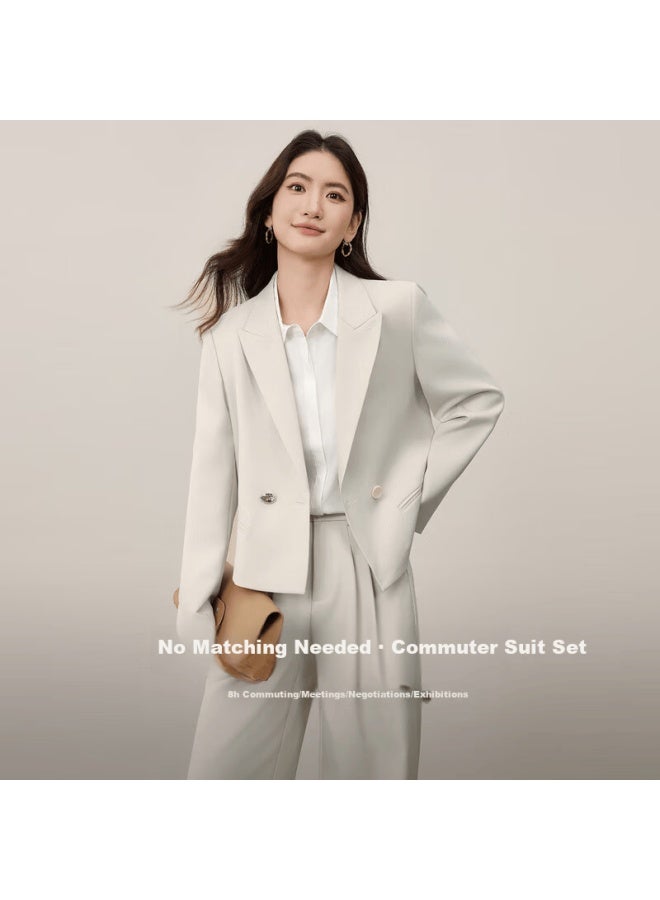 Sentubila Suit Set Commuter Padded Shoulder Short Blazer & Elastic Waist Wide-leg Trousers - Image 1
