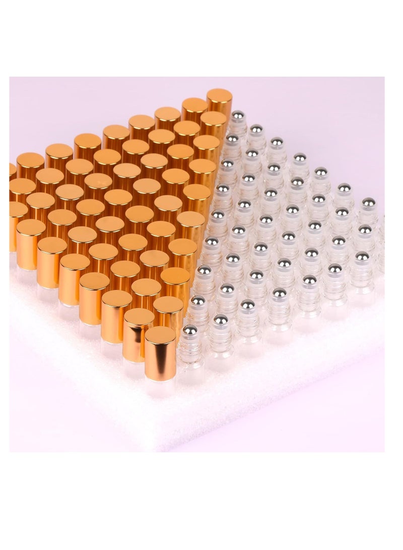 MaxMau Pack of 100,5ml Clear Glass Roll on Bottle Essential Oil Roller Bottles with Stainless Steel Roller Balls and Golden Painted Lids for Daily Aromatherapy Sample Test Travel - Image 1