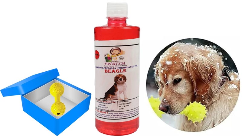 swacch Beagle Dog Shampoo + Dumbbell Toy I Durable Rubber Dog Toy for Chewing I Playing,Teeth Cleaning & Training Toy I Combo Pack I 500ml Jasmine - Image 1