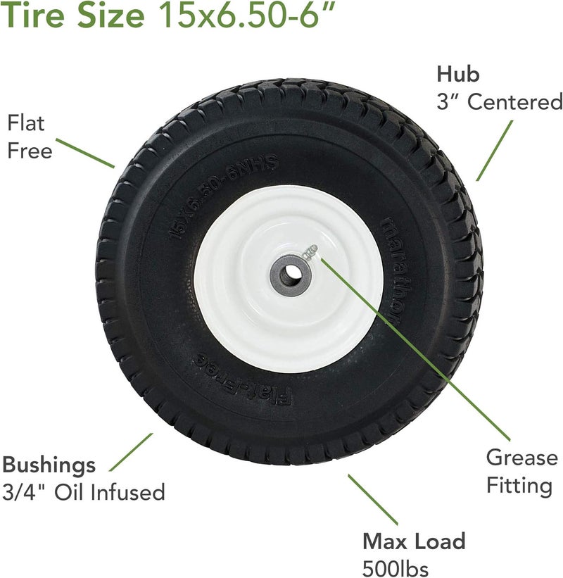 Marathon Marathon 30426 15x6506 Flat Free Lawnmower Tire on Wheel 3 Hub 34 Bushings  - Image 3