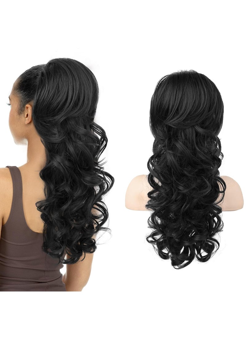 SEIKEA SEIKEA Ponytail Extension 22 Long Wavy Curly Drawstring Ponytail Multilayered Fluffy Thick Clip in Hair Extensions Ponytail Natural Soft Synthetic Hairpiece Black 