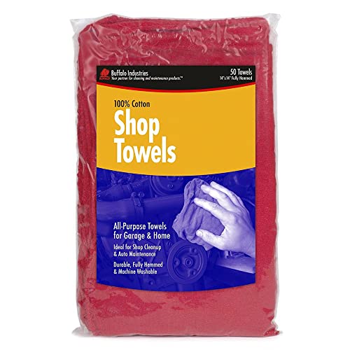 Buffalo Industries (62017) 100% Cotton 14" x 14" Fully Hemmed Red Shop Towels, Pack of 50 - Grease and Oil Rag for Automotive, Garage and Home - Washed, Dyed and Dried for Quality - Machine Washable - Image 4