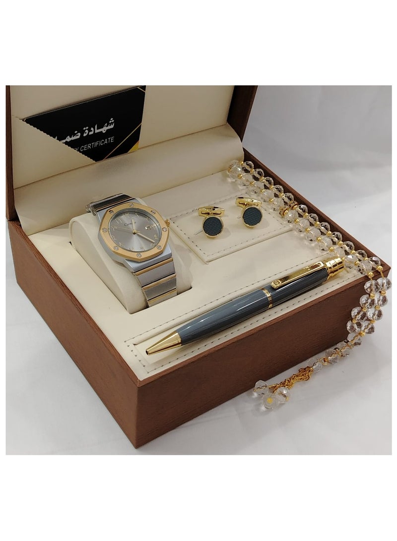 Generic 4-Piece Watch Gift Set for Men (Wristwatch with Pen, Set of Buttons and Rosary) 