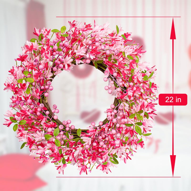 JINGHONG Valentine's Day Wreath 22 Inch Valentines Day Wreaths for Front Door Pink Floral Wreath with Pink Berries for Wedding Anniversary Candlelight Dinner Valentines Day Gifts - Image 2
