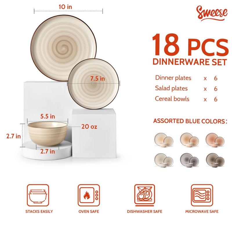 Sweese Plates and Bowls Sets, 18 Piece Dinnerware Set Porcelain Round Dinner Set for 6, Scratch Resistant Dishes Set, Dishwasher and Oven Microwave Safe Handpainted Swirl Dishware Sets, Neutral - Image 2