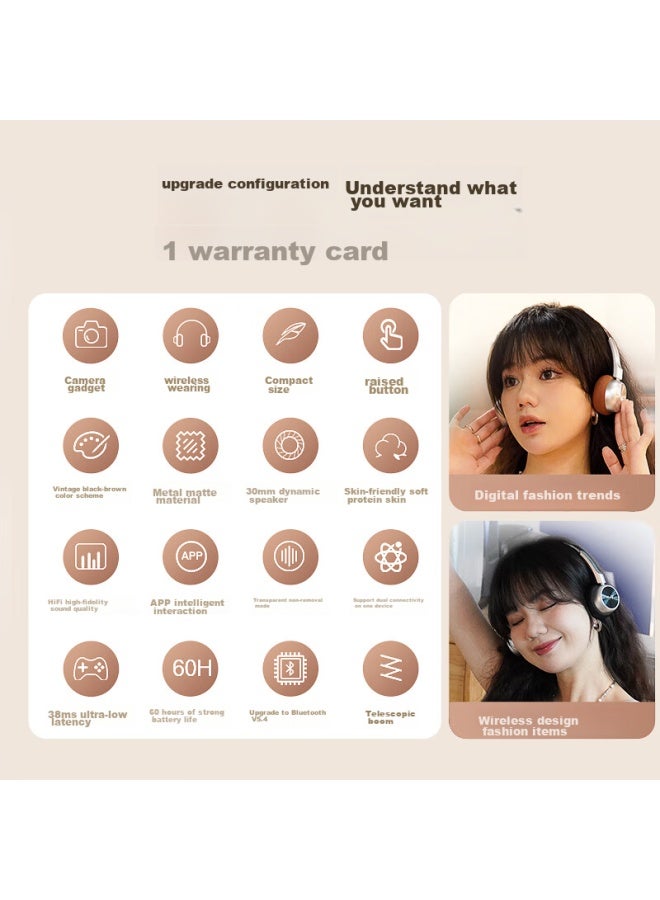 Ikf R1 Retro Headphones, Wireless Bluetooth, Fashionable Digital Wear, High-quality Metal, Millennium Y2k, Internet Celebrity, Maillard, Small Headband, Stylish Earphones, Space Black - Image 3