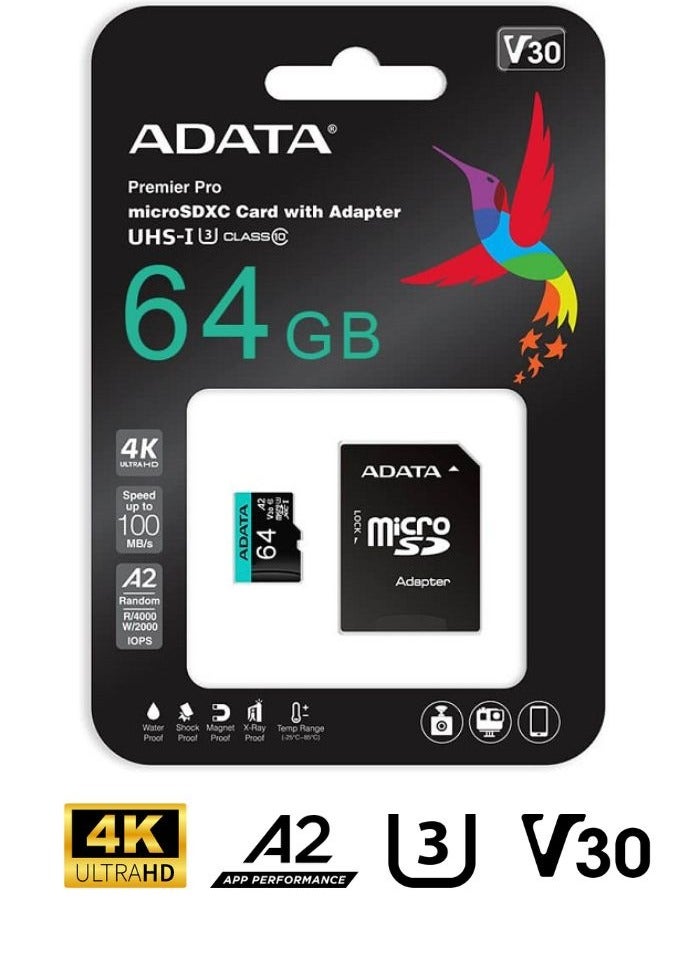 ADATA Premier Pro 64GB MicroSDXC/SDHC UHS-I U3 Class 10 (V30S) | 4K U3 V30 A2 - Image 1