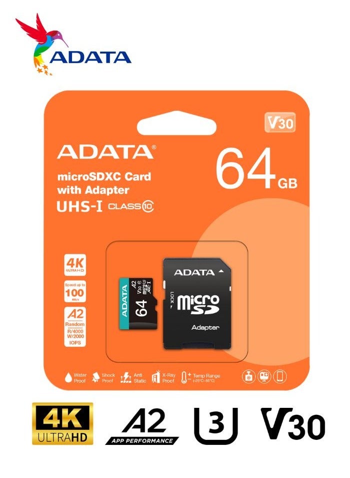ADATA Premier Pro 64GB MicroSDXC/SDHC UHS-I U3 Class 10 (V30S) | 4K U3 V30 A2 - Image 2