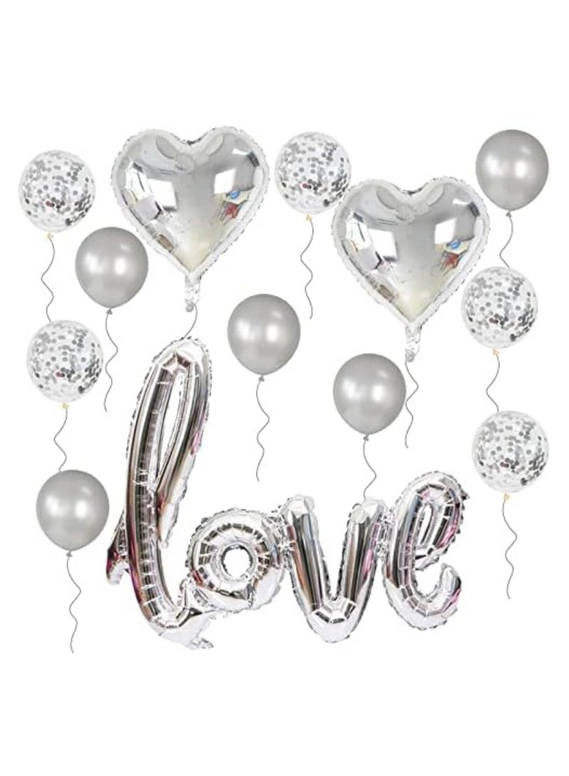13 Pieces Silver Cursive Love Balloon Sets - Love Valentines Day Balloons | Mylar Silver Love Shaped Balloons for Valentines Day Decorations | Love Balloon for Proposal, Wedding and Anniversary