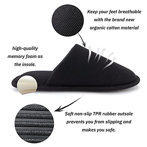 ofoot Mens Indoor Memory Foam Cotton Scuff Slippers Slip On Summer House Shoes Flats Breathable Lightweight Washable Non Skid Rubber Soles(Black,US 9-10) - Image 2