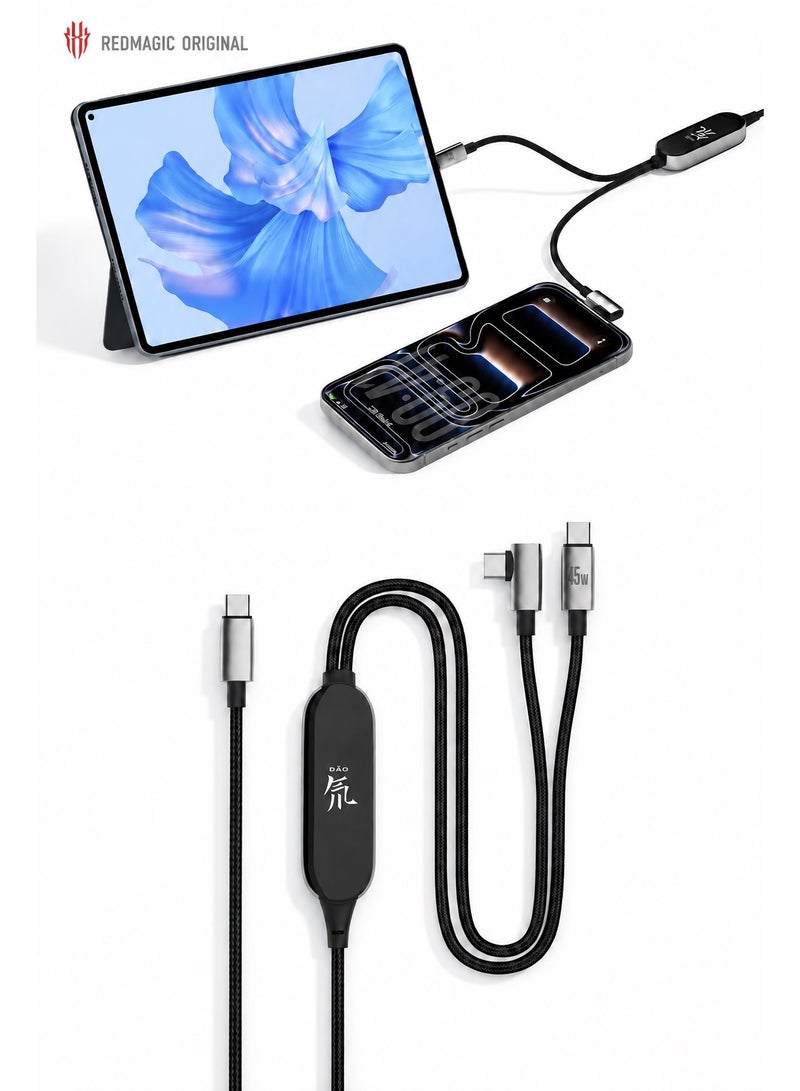 REDMAGIC 2 in 1 USB C Charging & Data Cable, Dual Device Fast Charging, 45W Phone Cooler Support, Straight & 90° Connectors, 1.5M Braided Cable for REDMAGIC Astra 2, iPhone, iPad & Samsung - Image 1